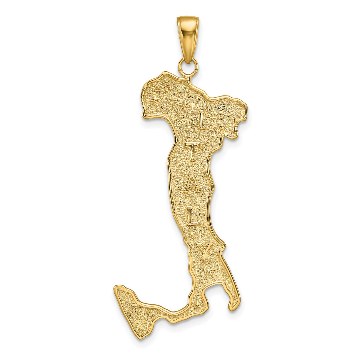 14k Yellow Gold Italy Map Pendant with Textured Outline and Vertical ITALY Engraving