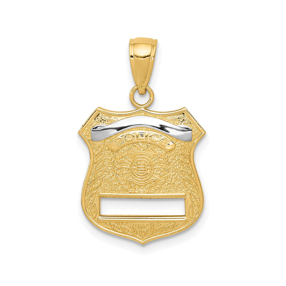 14k Multi-Tone Gold Badge Pendant, Police Shield with Rhodium Accents and Laurel Wreath Emblem