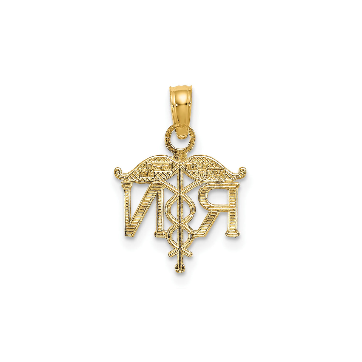 14k Yellow Gold RN Pendant with Caduceus Symbol, Medical Charm for Nurses