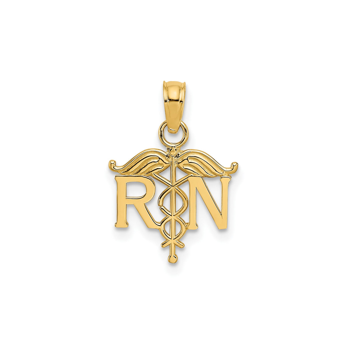 14k Yellow Gold RN Pendant with Caduceus Symbol, Medical Charm for Nurses