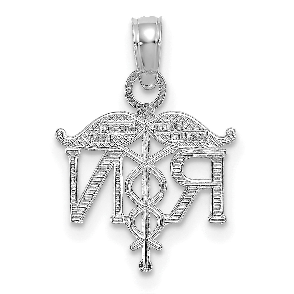 14k White Gold RN Pendant with Caduceus Symbol, Medical Nursing Charm for Healthcare Professionals