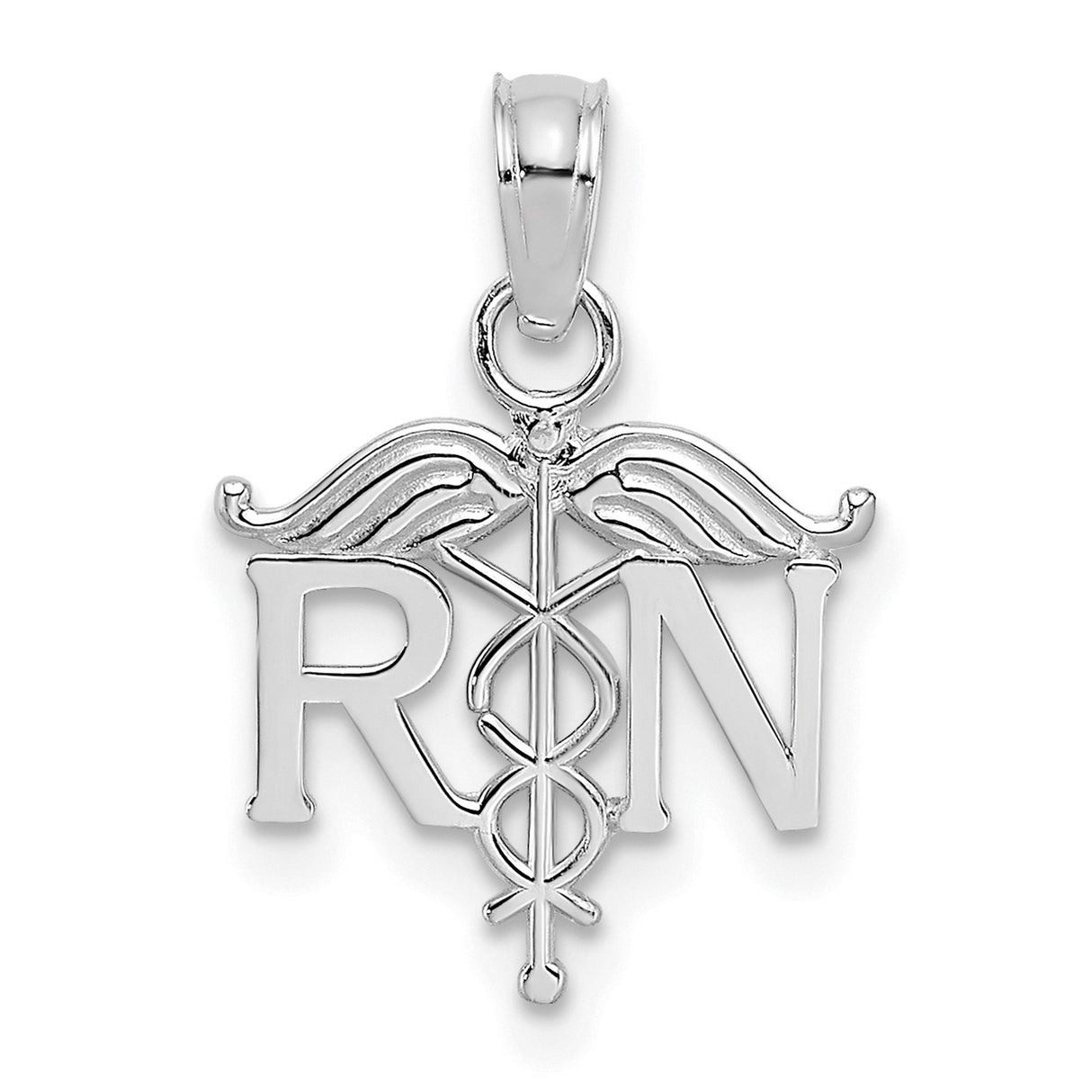 14k White Gold RN Pendant with Caduceus Symbol, Medical Nursing Charm for Healthcare Professionals