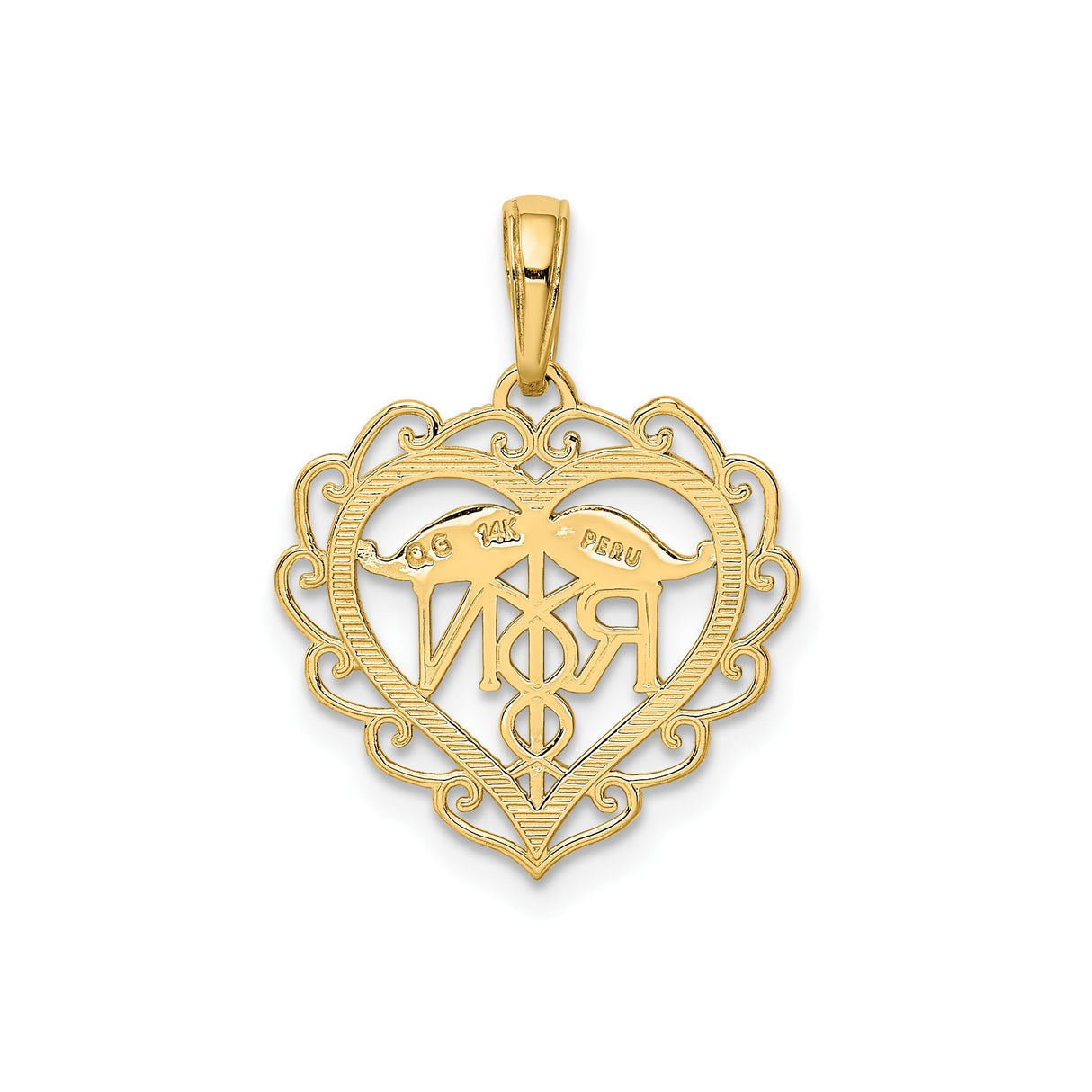 14k Yellow Gold Heart RN Pendant with Caduceus Symbol, Registered Nurse Charm
