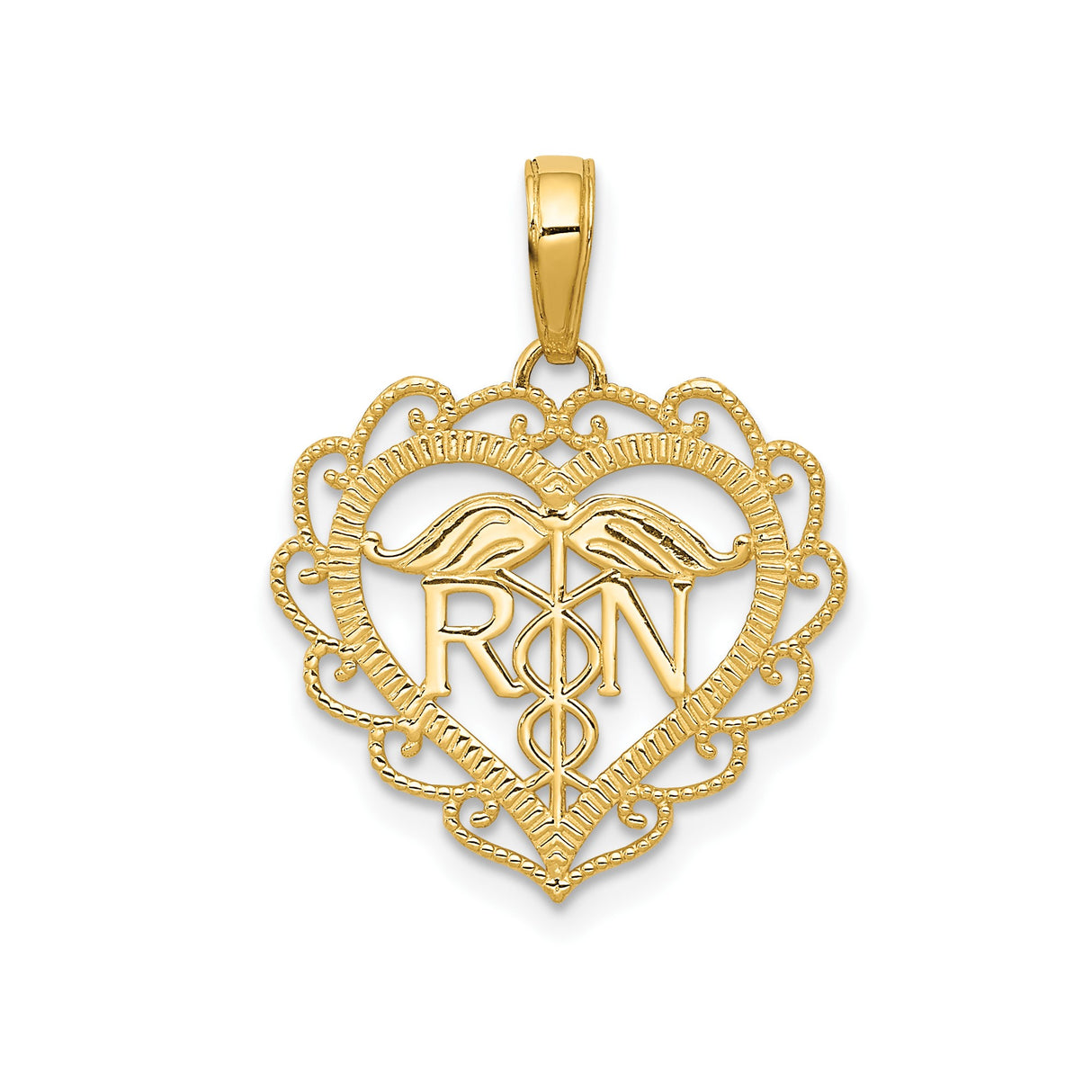 14k Yellow Gold Heart RN Pendant with Caduceus Symbol, Registered Nurse Charm