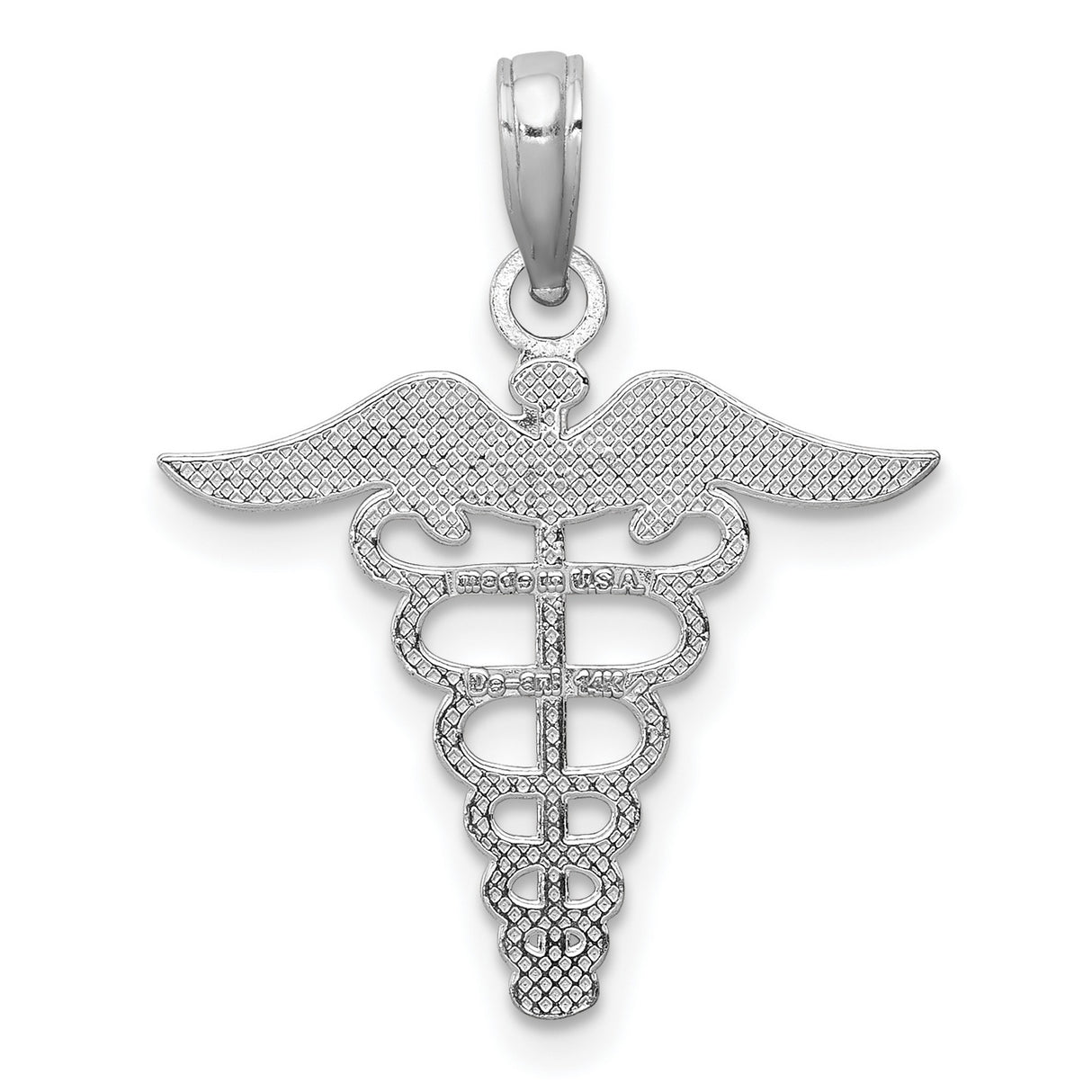 14k White Gold Caduceus Pendant with Winged Staff and Two Snakes Symbol Charm