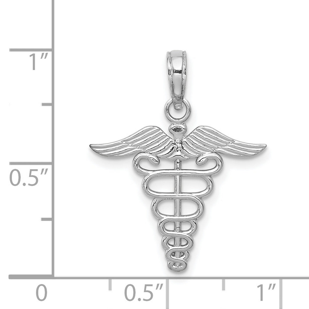14k White Gold Caduceus Pendant with Winged Staff and Two Snakes Symbol Charm