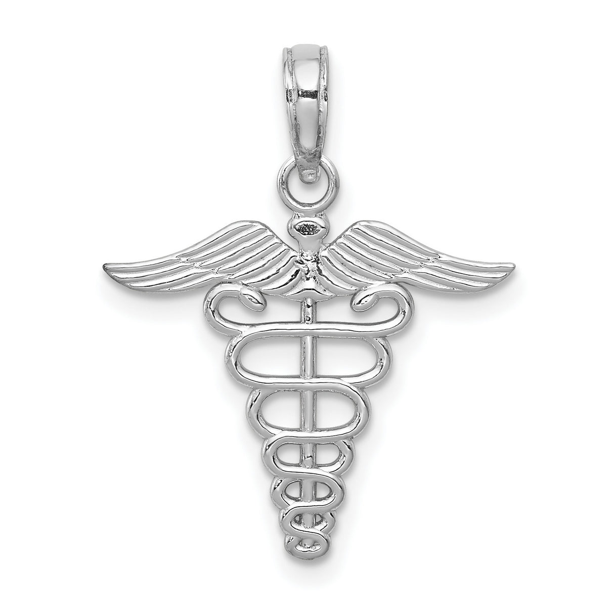 14k White Gold Caduceus Pendant with Winged Staff and Two Snakes Symbol Charm