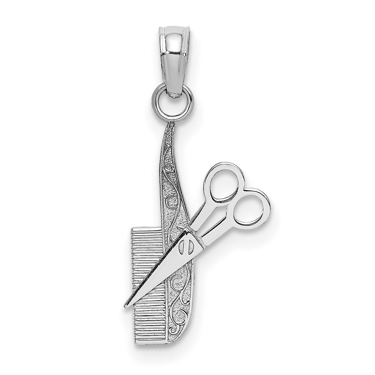 14k White Gold Scissors and Comb Pendant, Barber and Hair Stylist Jewelry Charm