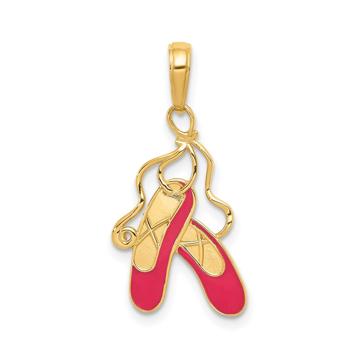 14k Yellow Gold Ballet Slippers Pendant with Pink Enamel, Dance Charm for Women