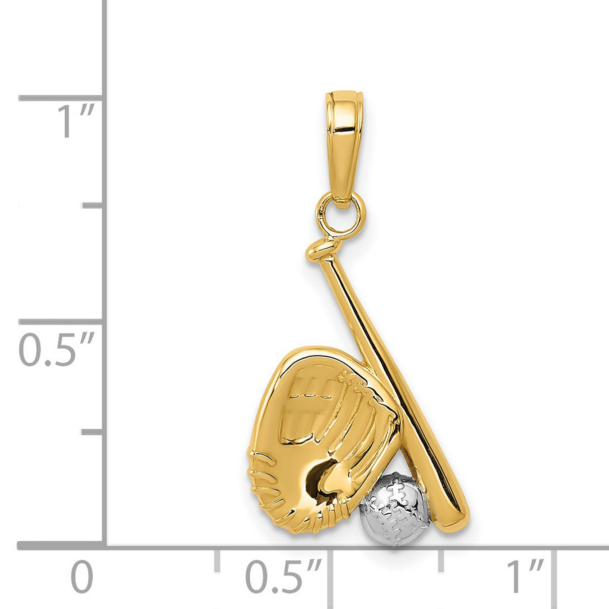 14k Multi-Tone Gold Baseball Pendant with Bat, Glove, and Ball Design, Rhodium Accents