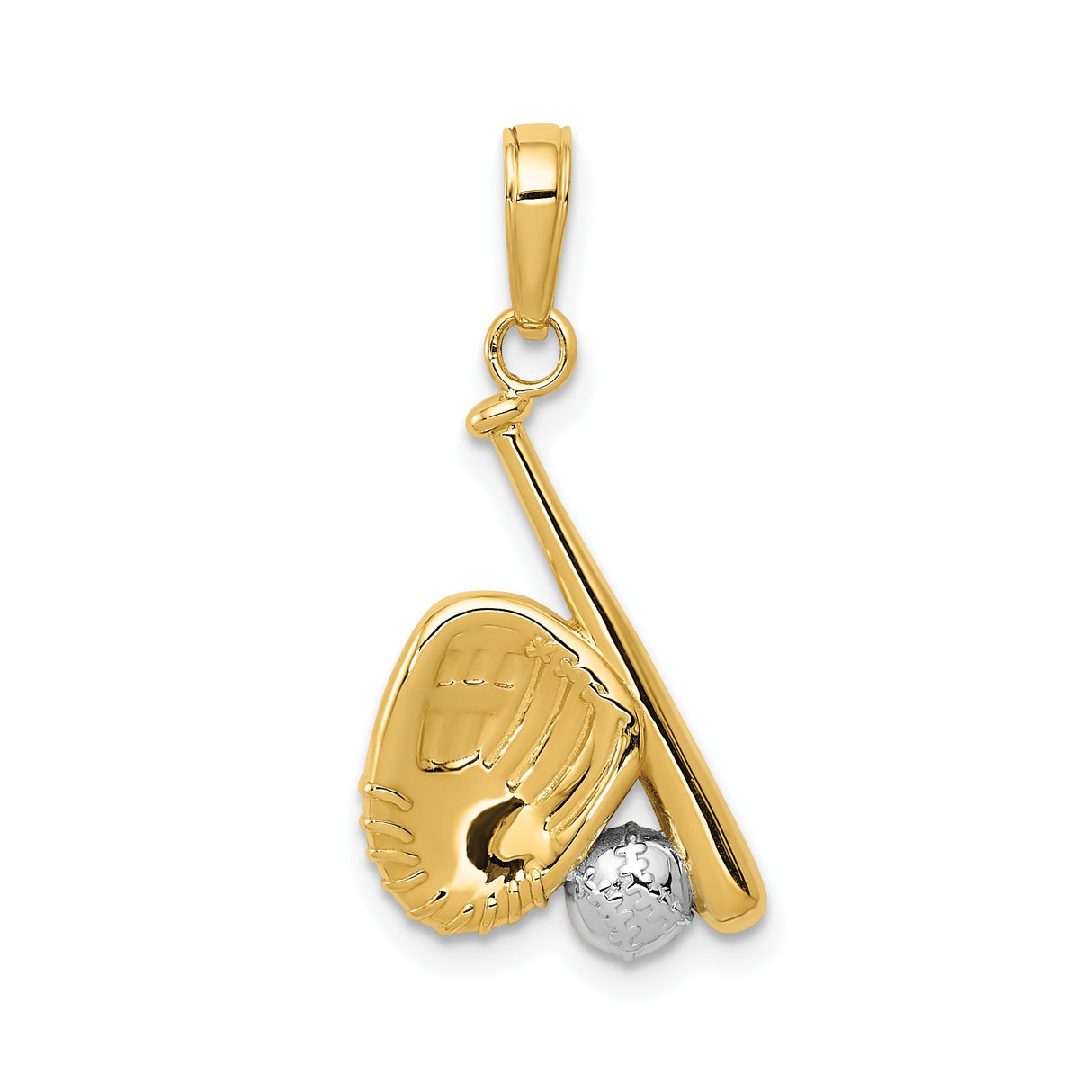 14k Multi-Tone Gold Baseball Pendant with Bat, Glove, and Ball Design, Rhodium Accents