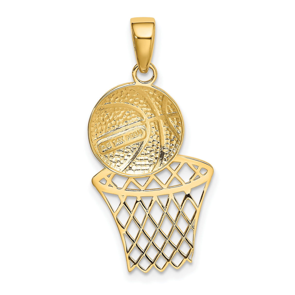 14k Yellow Gold Basketball Pendant with Textured Ball and Hoop Design