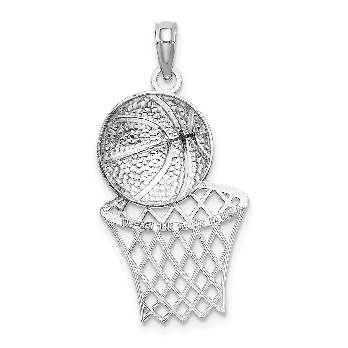 14k White Gold Basketball Hoop Pendant with Ball and Net Design, Sports Charm for Men or Women