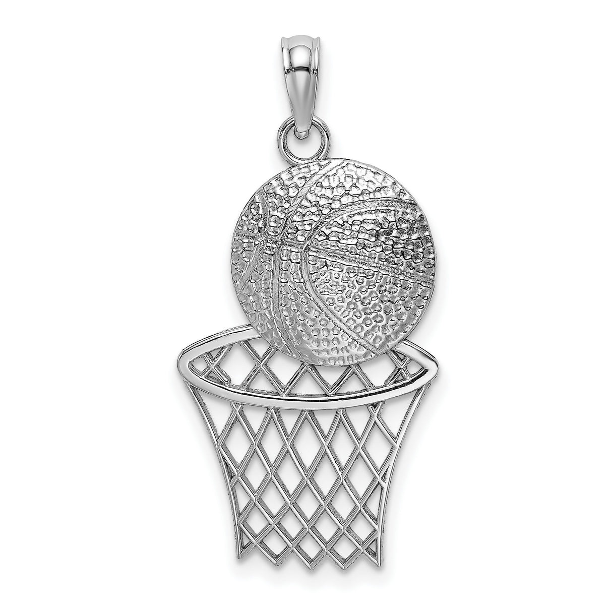 14k White Gold Basketball Hoop Pendant with Textured Ball, Unisex Sports Charm