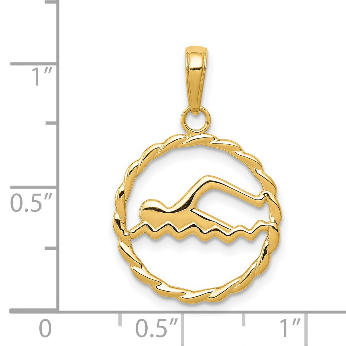 14k Yellow Gold Swimmer Pendant with Twisted Rope Circle Frame, Unisex Athletic Charm