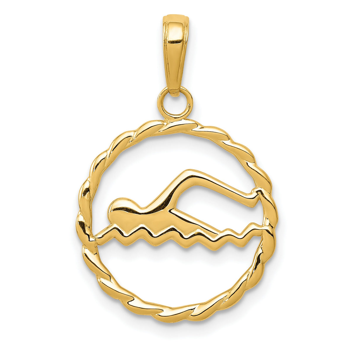 14k Yellow Gold Swimmer Pendant with Twisted Rope Circle Frame, Unisex Athletic Charm