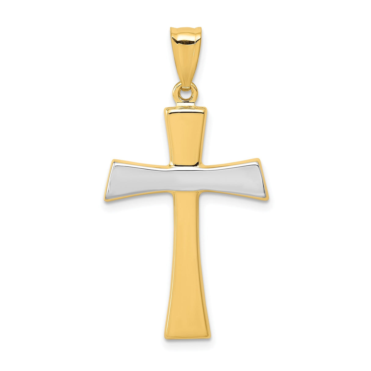 14k Yellow and White Gold Latin Cross Pendant, Polished Hourglass Design, Unisex Religious Charm