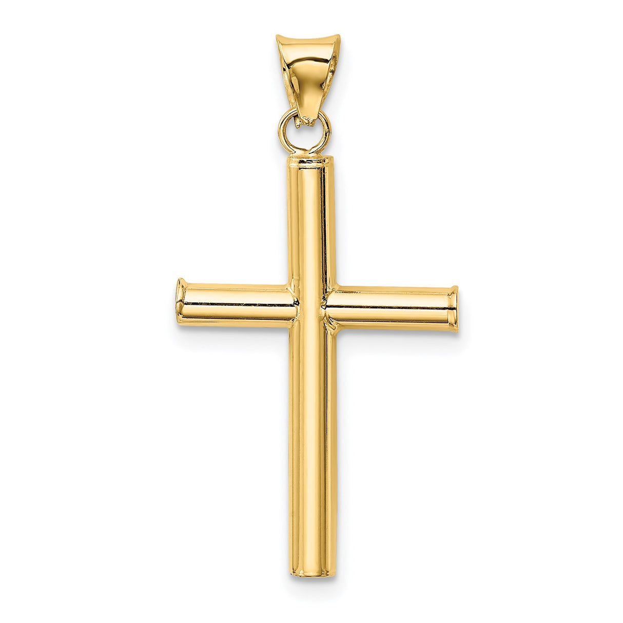 14k Yellow Gold Cross Pendant, Sleek Cylindrical Religious Charm with Mirror Finish