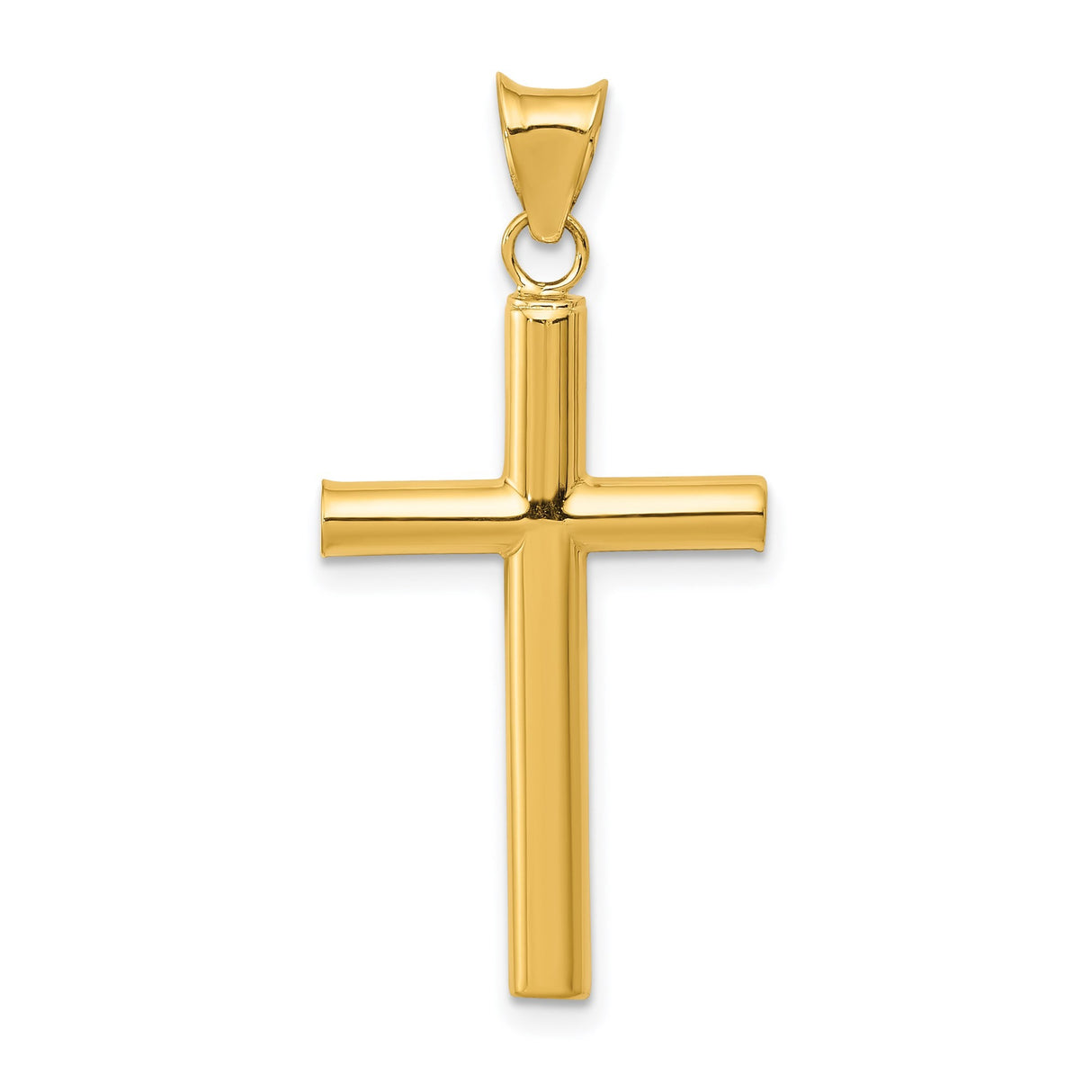 14k Yellow Gold Cross Pendant, Sleek Cylindrical Religious Charm with Mirror Finish