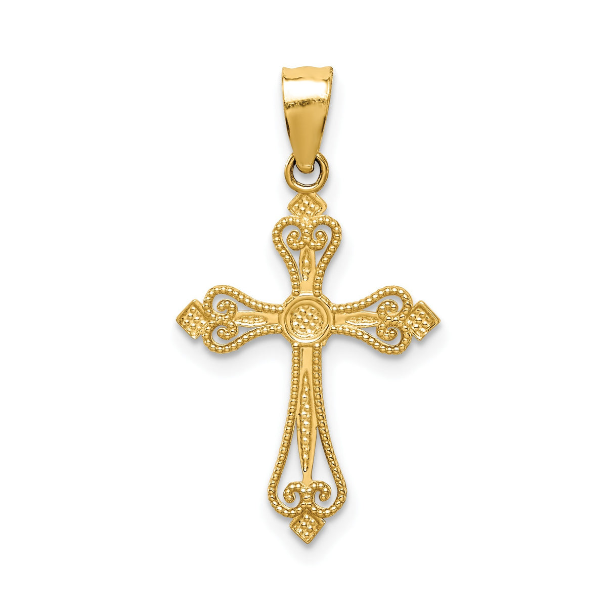 14k Yellow Gold Budded Cross Pendant, Vintage Inspired Filigree Religious Charm