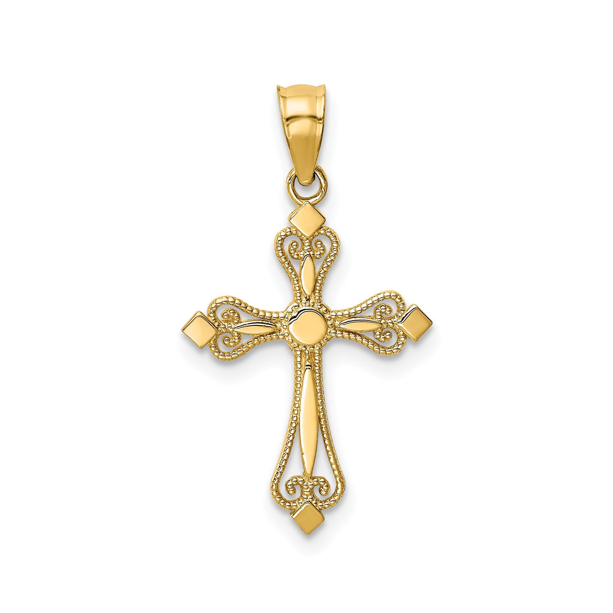 14k Yellow Gold Budded Cross Pendant, Vintage Inspired Filigree Religious Charm