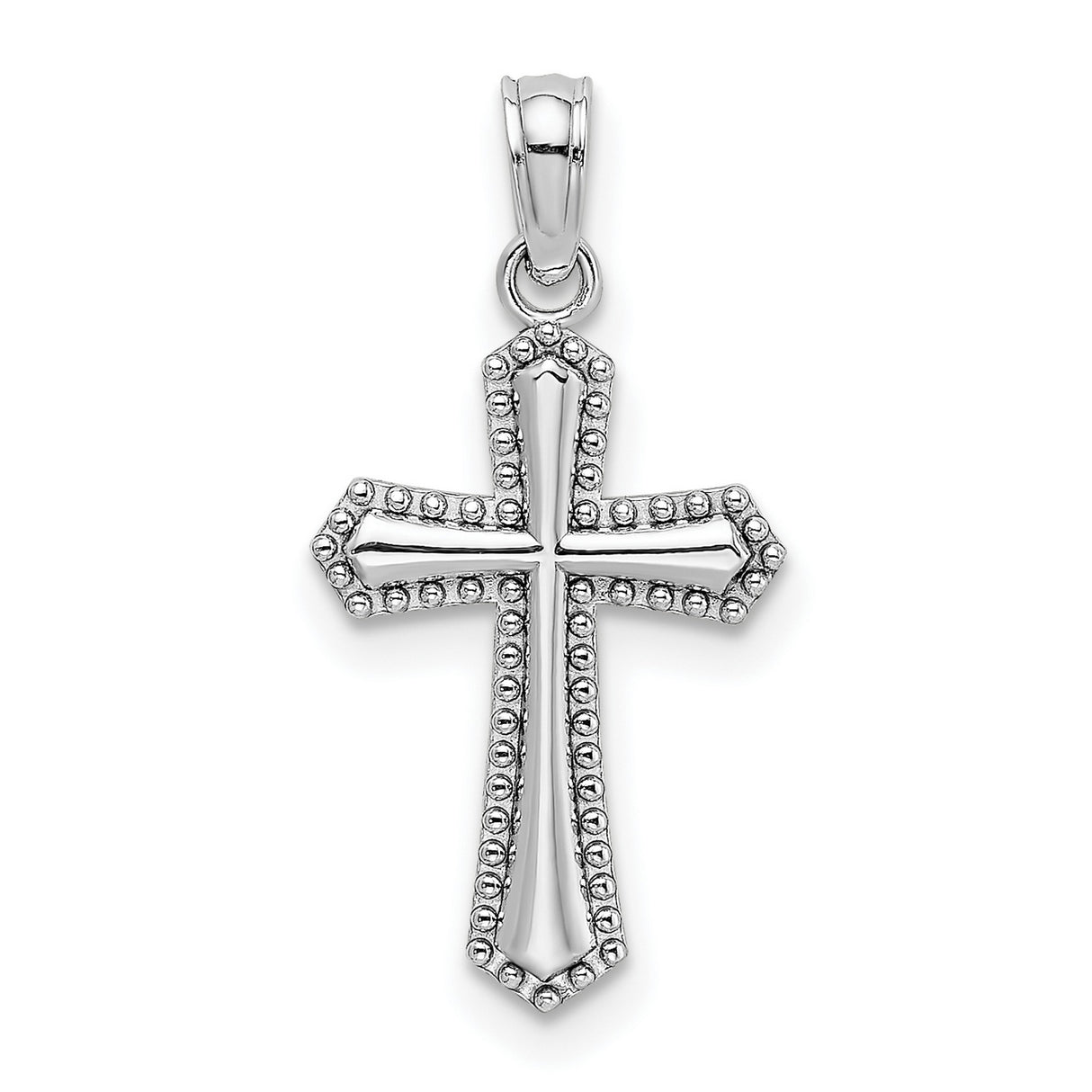 14k White Gold Cross Pendant with Beaded Trim and Polished Minimalist Design