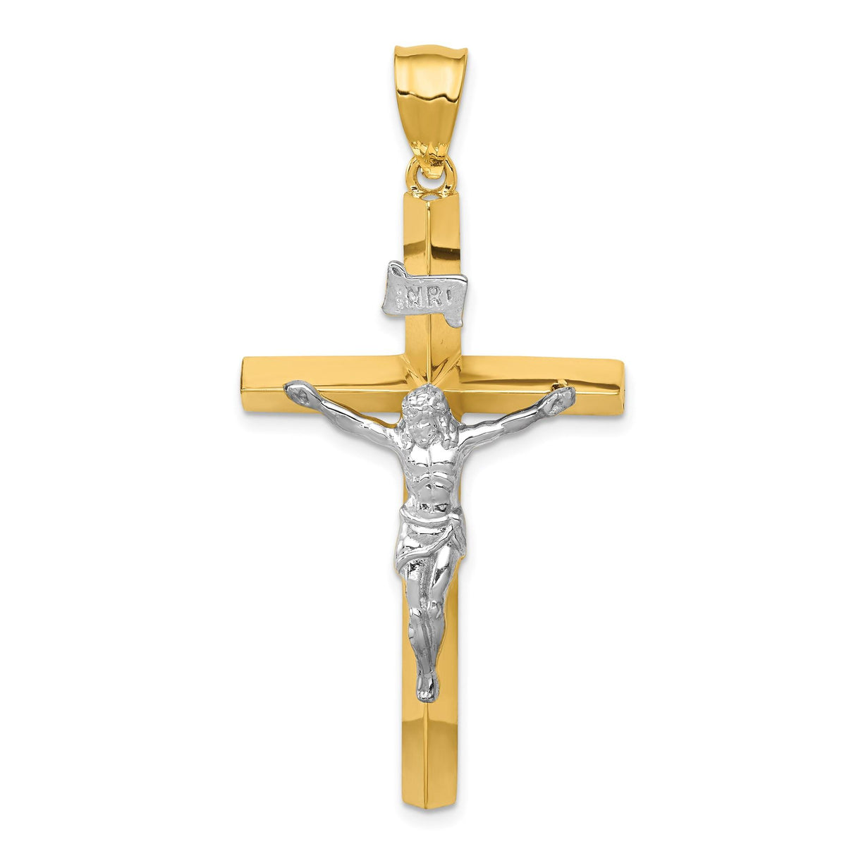 14k Two-Tone Gold Crucifix Pendant with INRI Christ Figure, Polished Latin Cross Design