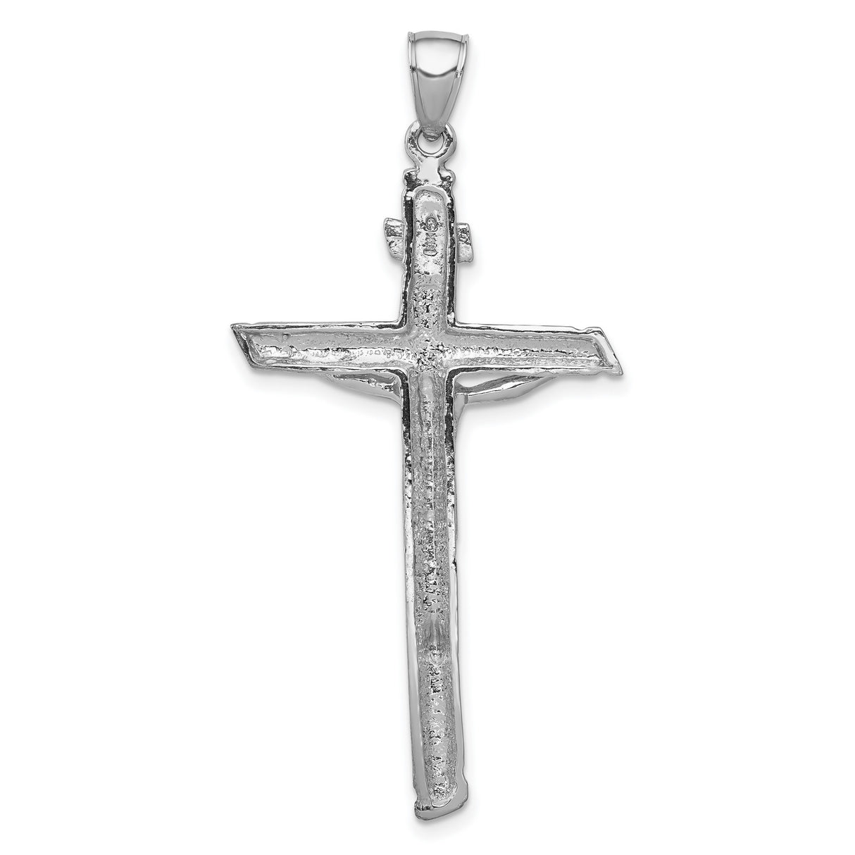 14k White Gold Crucifix Pendant with INRI Christian Cross Design and Bark Texture