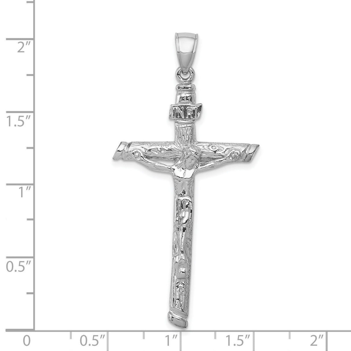 14k White Gold Crucifix Pendant with INRI Christian Cross Design and Bark Texture