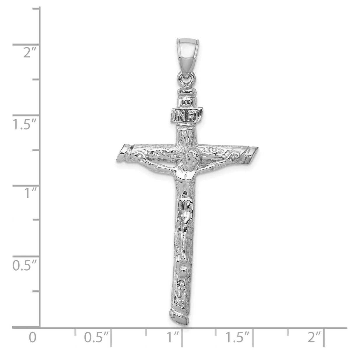 14k White Gold Crucifix Pendant with Textured INRI Jesus Cross Christian Symbol