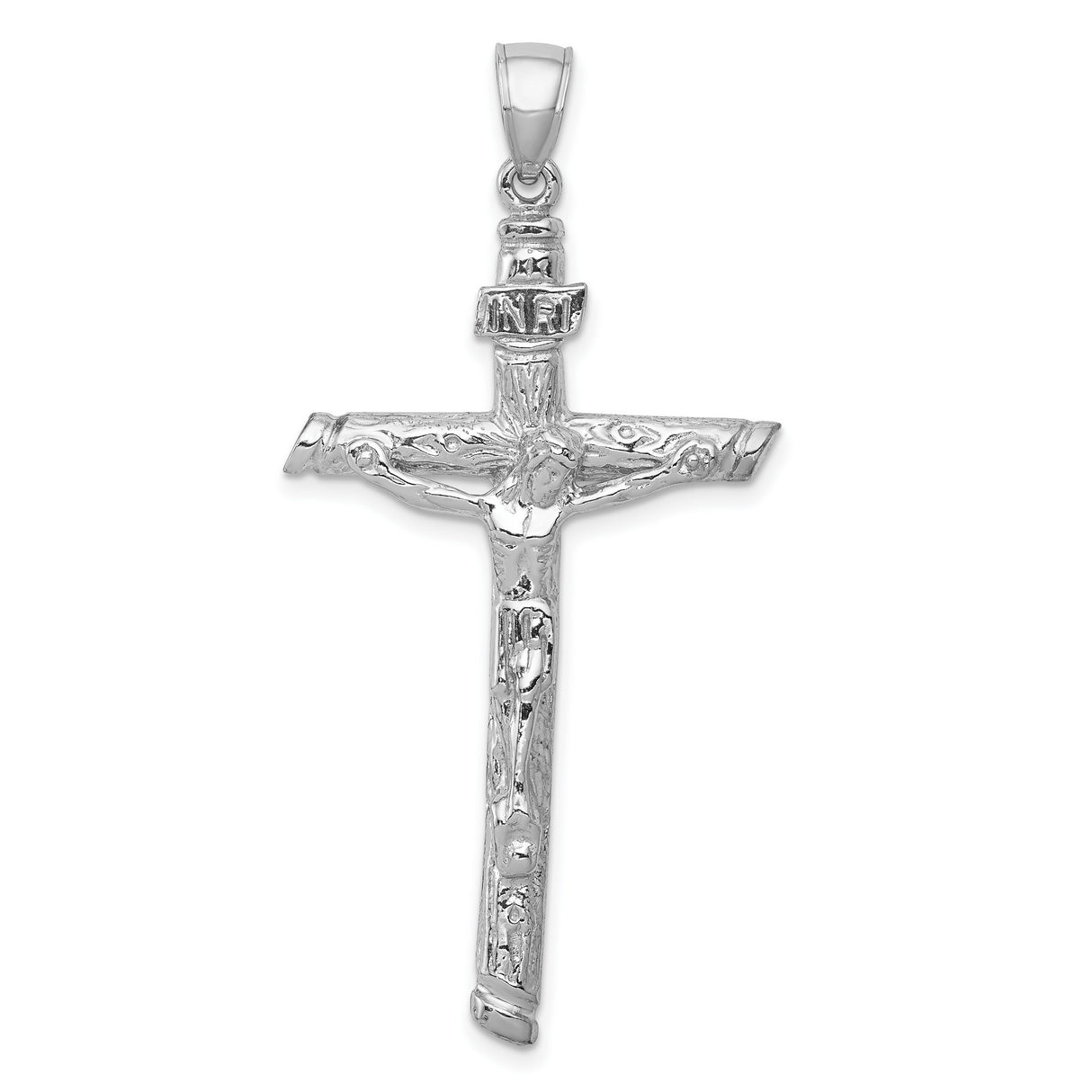 14k White Gold Crucifix Pendant with INRI Christian Cross Design and Bark Texture