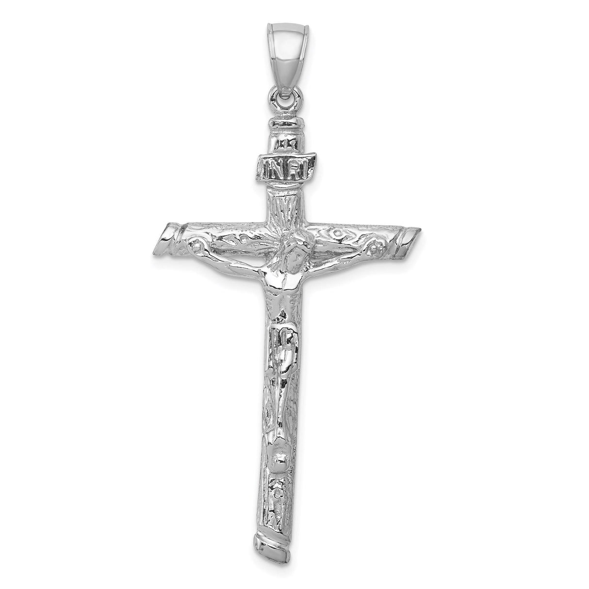 14k White Gold Crucifix Pendant with Textured INRI Jesus Cross Christian Symbol