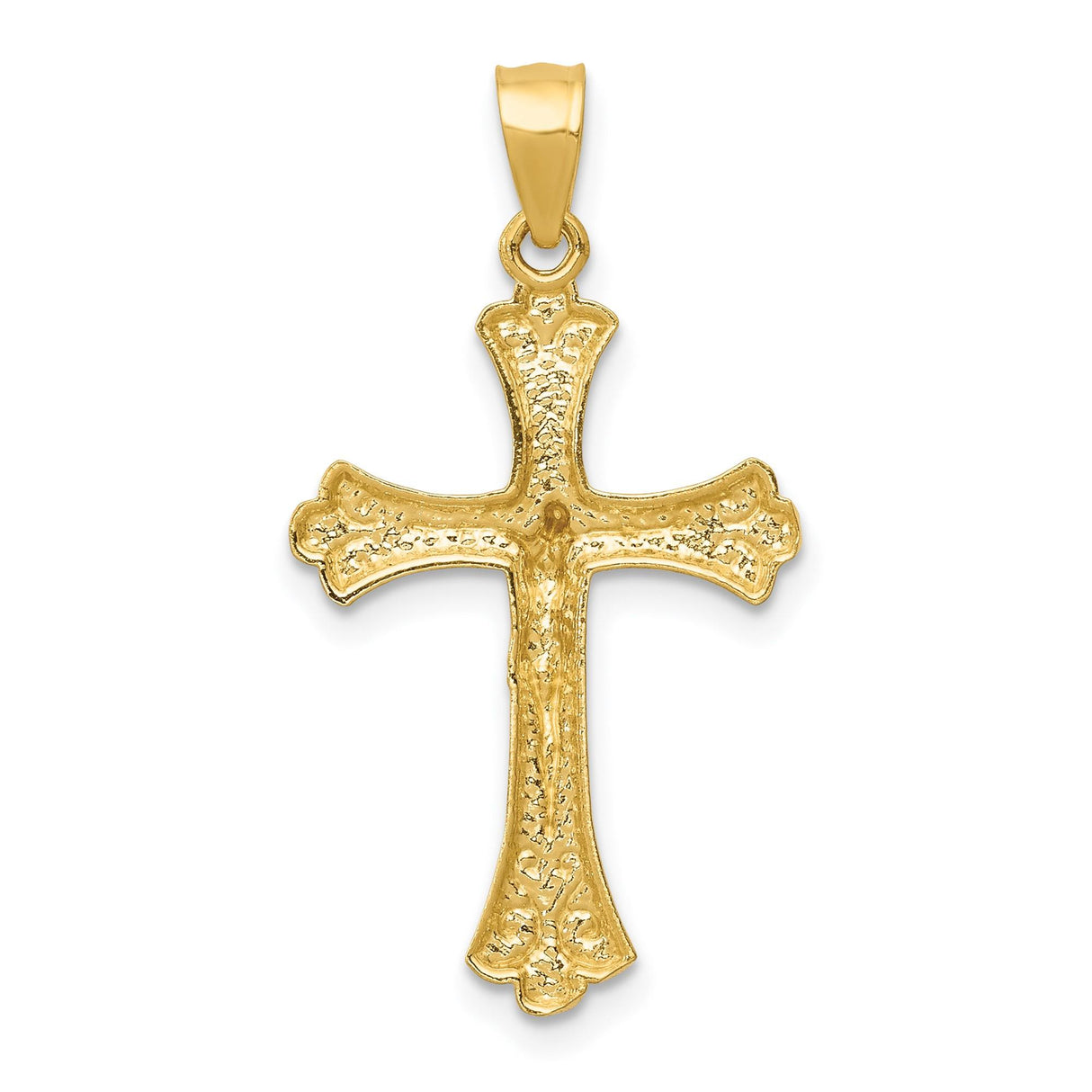 14k Yellow Gold Crucifix Pendant with Fleur de Lis and High Relief Jesus Figure