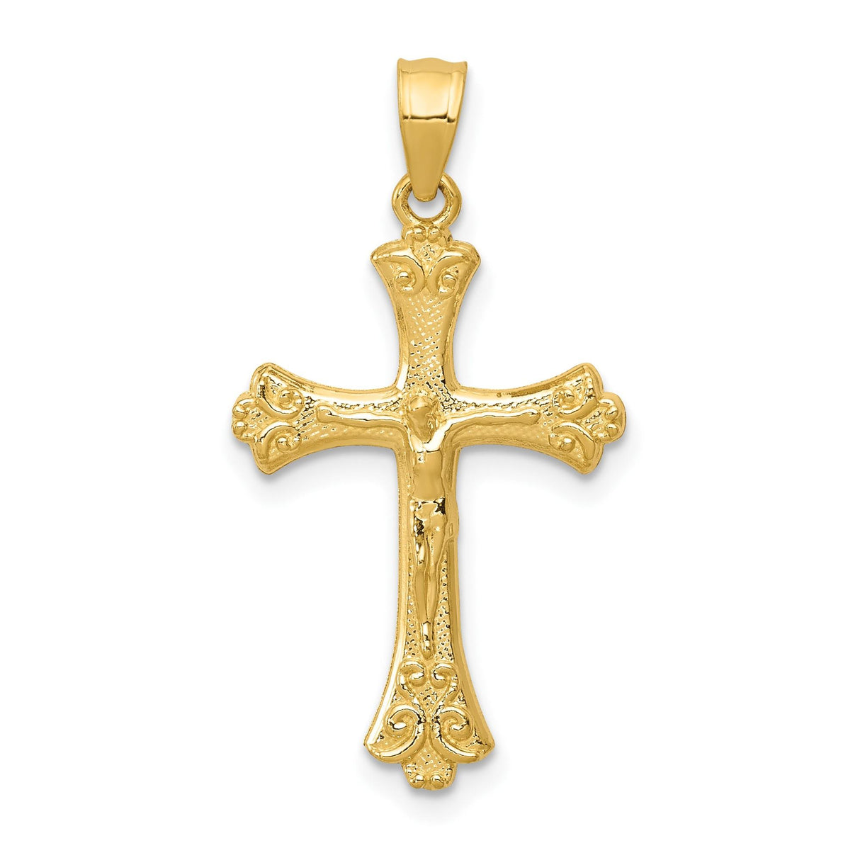 14k Yellow Gold Crucifix Pendant with Fleur de Lis and High Relief Jesus Figure