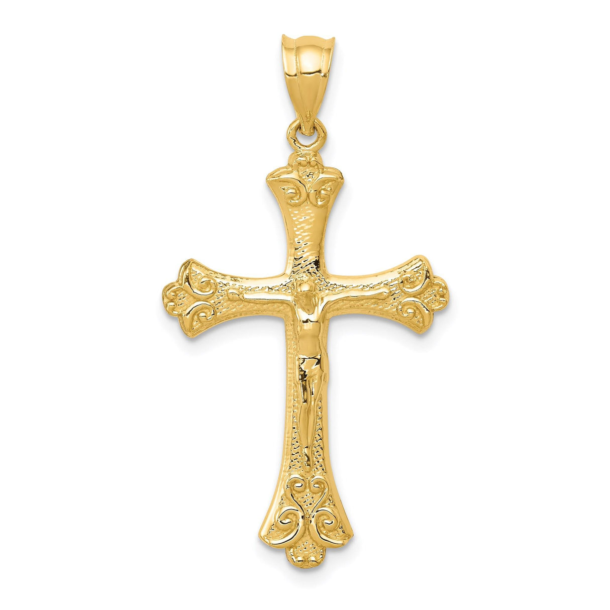 14k Yellow Gold Crucifix Pendant, Baroque Style Religious Cross with Detailed Jesus Charm