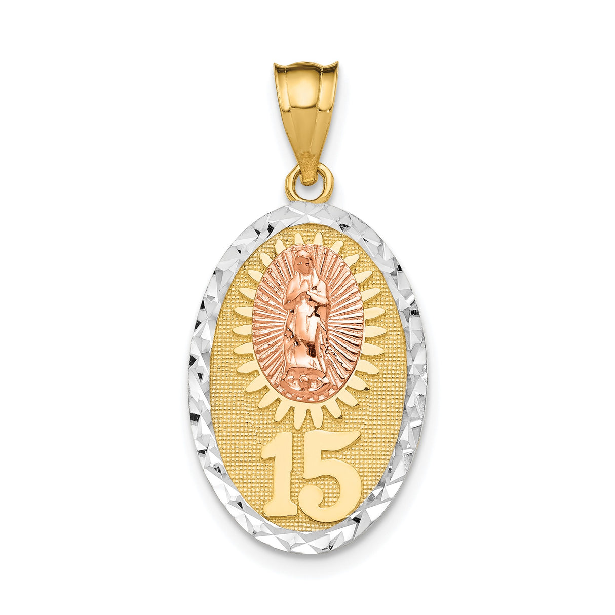 14k Two-Tone Gold Guadalupe Pendant with Sunburst Design and Number 15 Charm