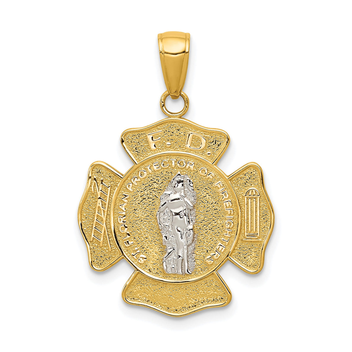 14k Two-Tone Gold Saint Florian Firefighter Pendant with Maltese Cross and Fireman Symbols