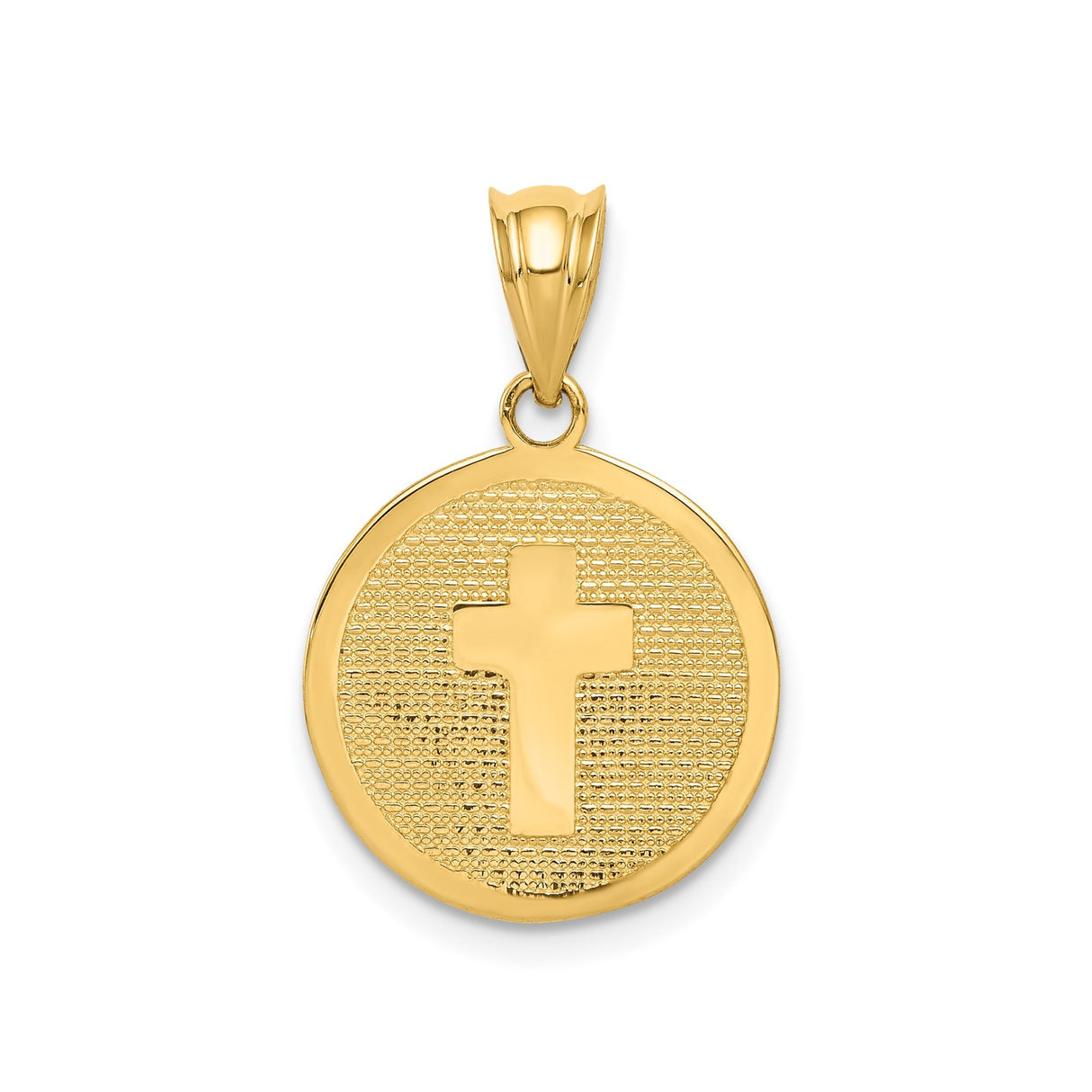14k Yellow Gold Cross Pendant with Textured Design and Circular Medal