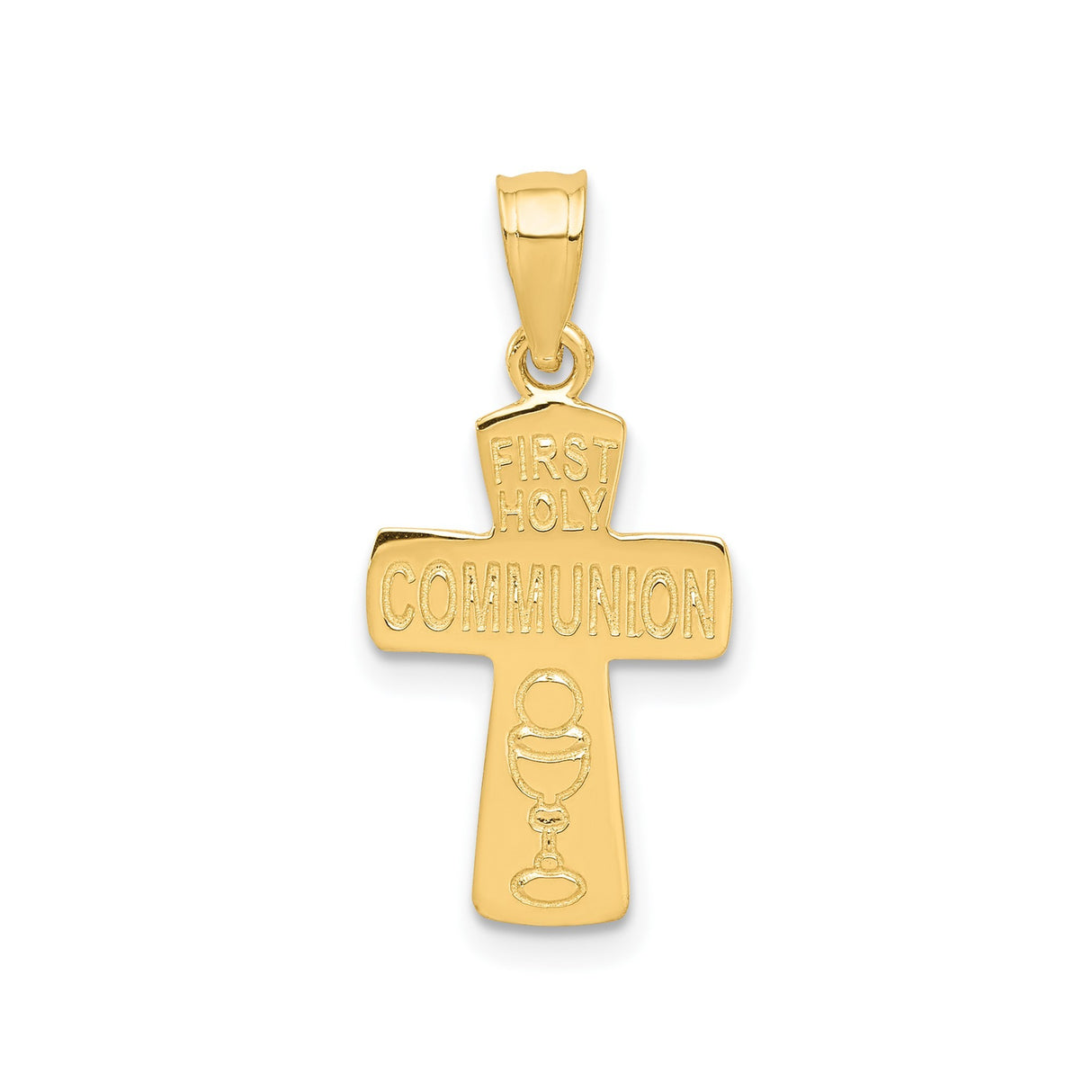 14k Yellow Gold Cross Pendant with Chalice Charm, Polished Catholic Religious Design