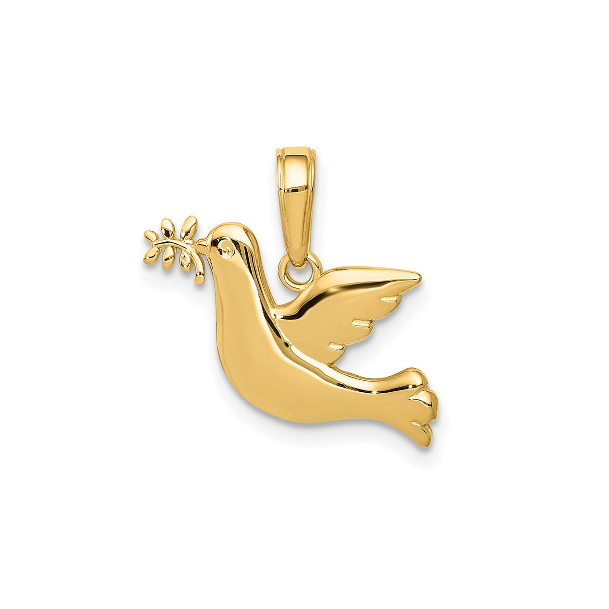 14k Yellow Gold Dove Pendant with Olive Branch, Christian Faith Symbol of Peace and Hope