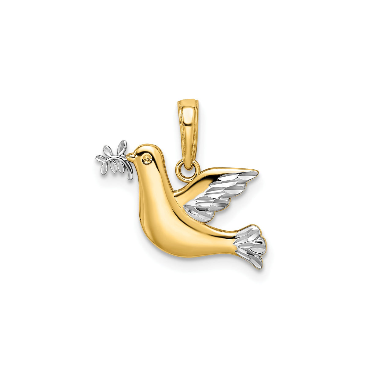 14k Multi-Tone Gold Dove Pendant with Rhodium Wings and Olive Branch, Christian Jewelry
