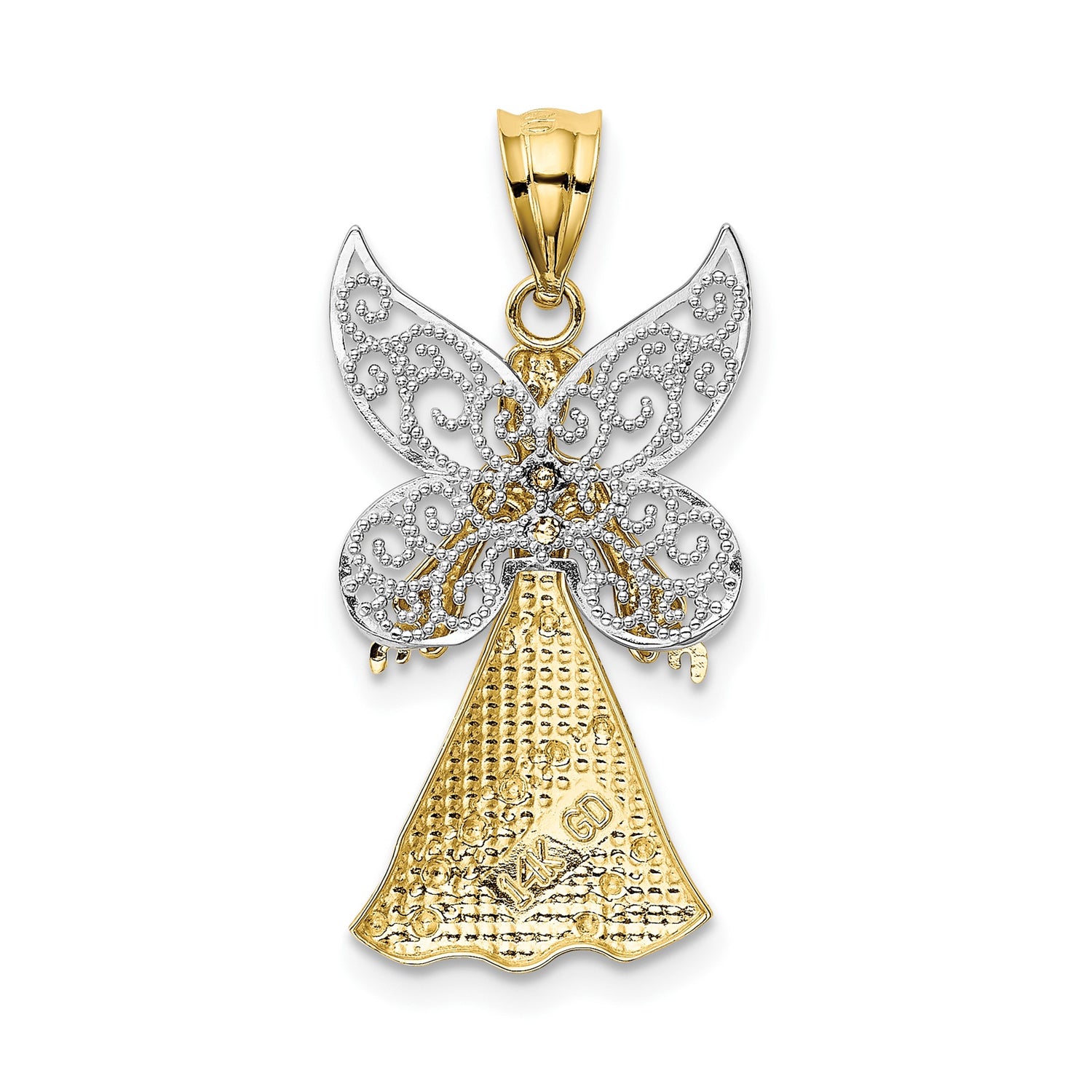 14k Two-Tone Gold Angel Pendant with Filigree Wings and Flowing Gown