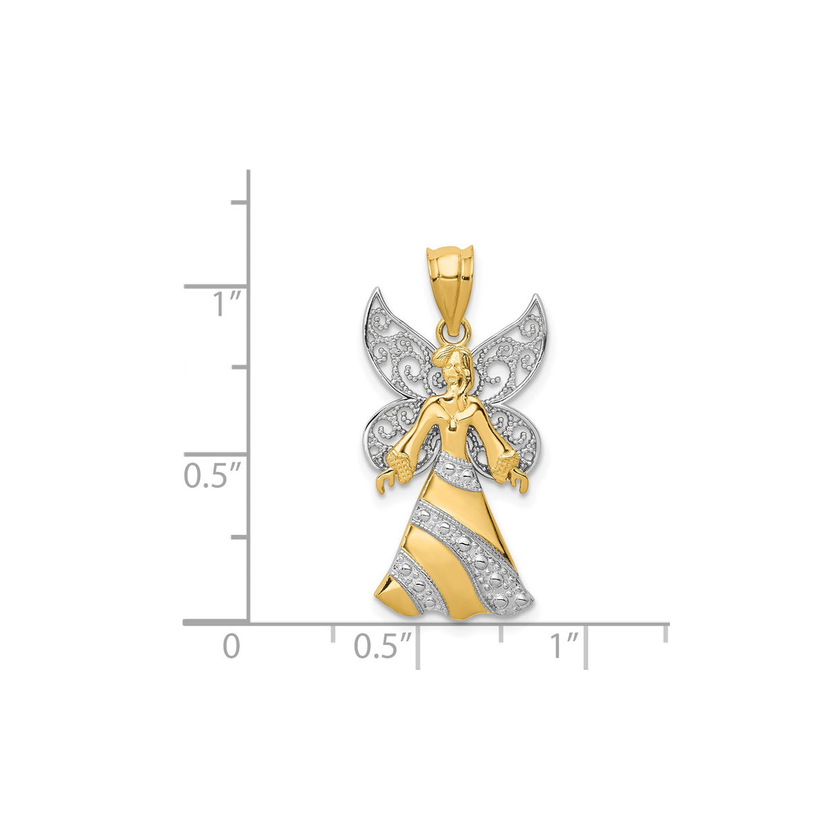 14k Two-Tone Gold Angel Pendant with Filigree Wings and Flowing Gown