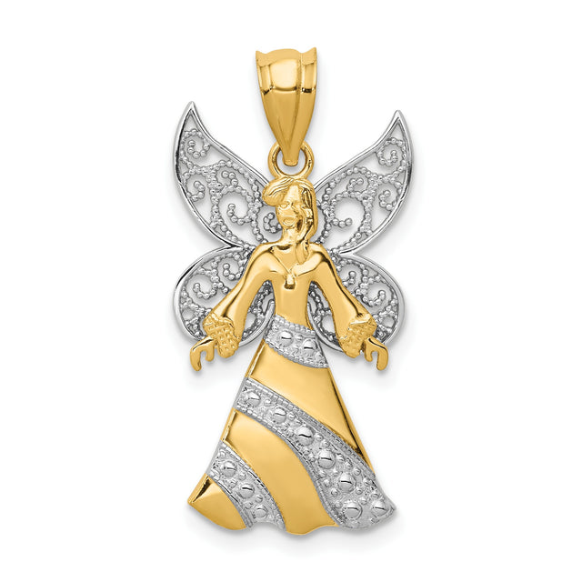14k Two-Tone Gold Angel Pendant with Filigree Wings and Flowing Gown