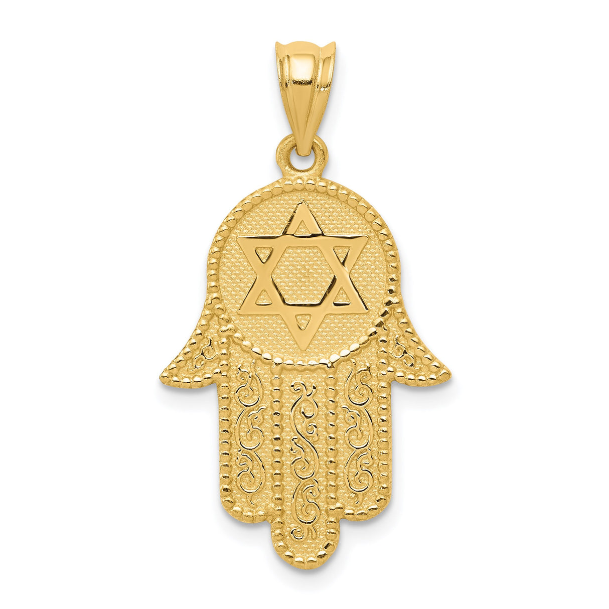 14k Yellow Gold Hamsa Hand Pendant with Star of David, Jewish Faith Amulet for Women or Unisex Wear