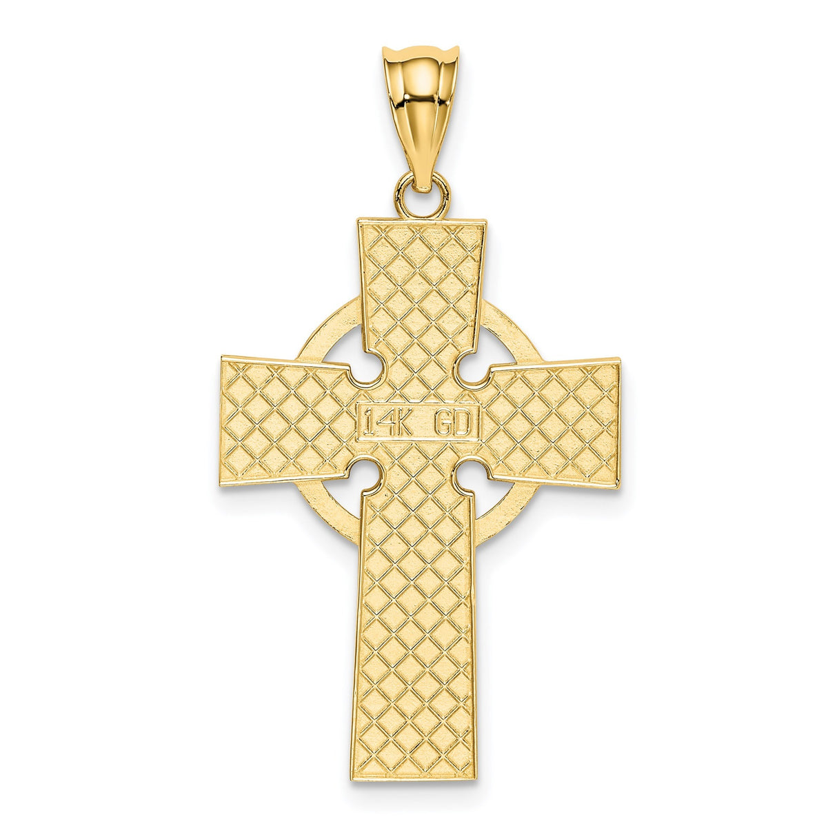 14k Yellow Gold Cross Pendant with Trinity Knot and Halo Design Inspired by Celtic Symbolism