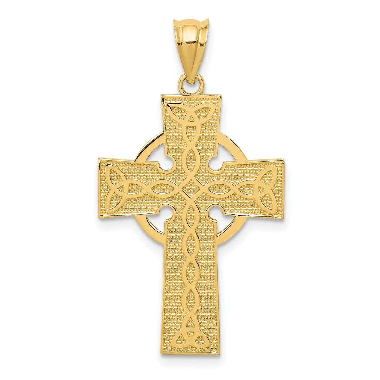 14k Yellow Gold Cross Pendant with Trinity Knot and Halo Design Inspired by Celtic Symbolism