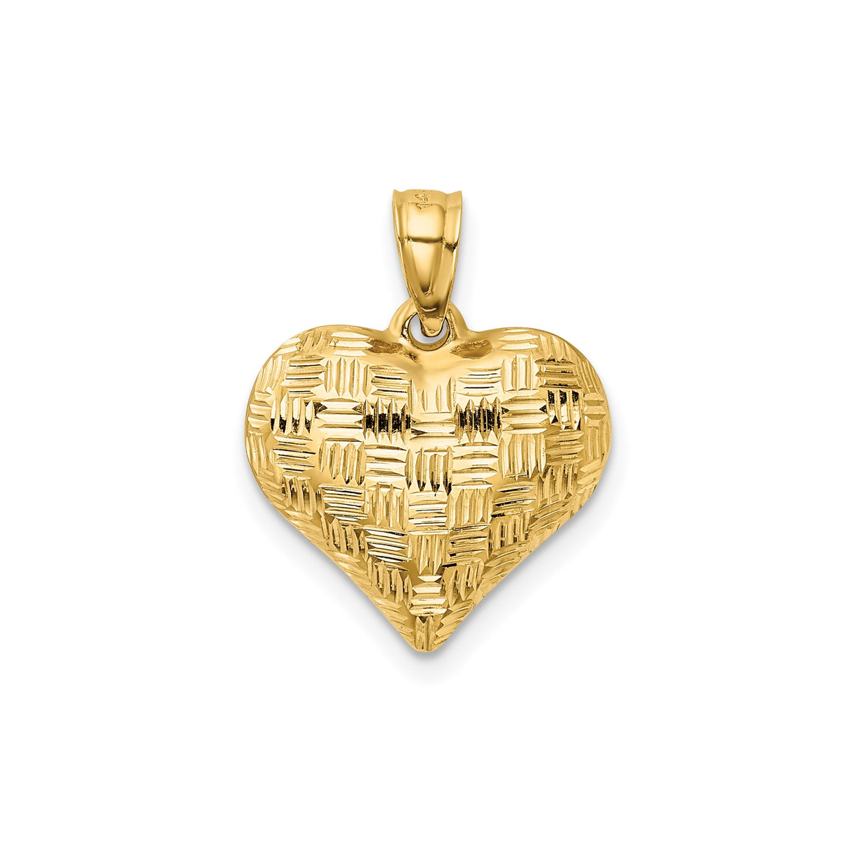14k Yellow Gold Heart Pendant with Textured Diamond Cut Design, Puffy Romantic Style