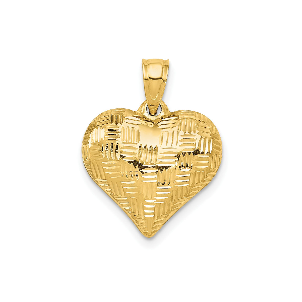 14k Yellow Gold Heart Pendant with Textured Diamond Cut Design, Puffy Romantic Style