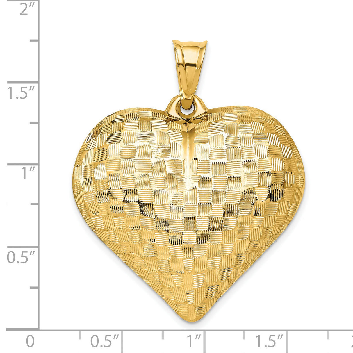 14k Yellow Gold Heart Pendant, Textured Puffed Basketweave Charm for Women